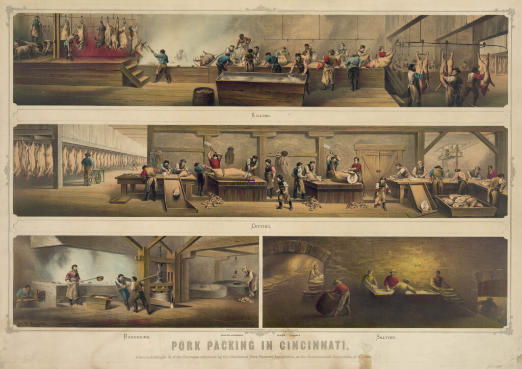 1873 Pork Packing Overview for Vienna World's Fair illustrated by Henry Farny.