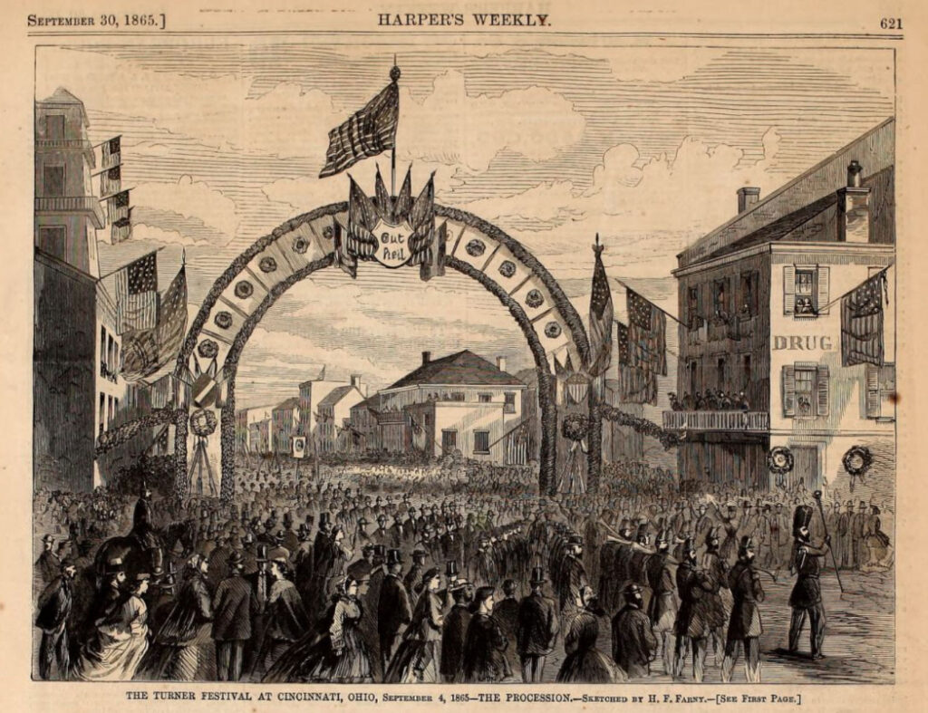 This Henry Farny Sketch appears in the September 30, 1865,  issue of Harpers Weekly, pg. 620, and covers the September 4th Turner Festival.
