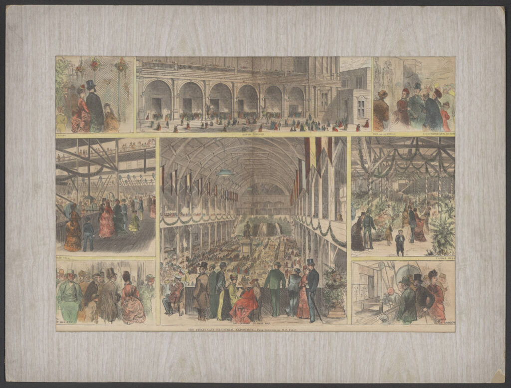 Henry Farny provided this multiple pane, two-page illustration of the 1872 Cincinnati Industrial Exposition for the October 19, 1872, issue of Harpers Weekly, pg808-809.